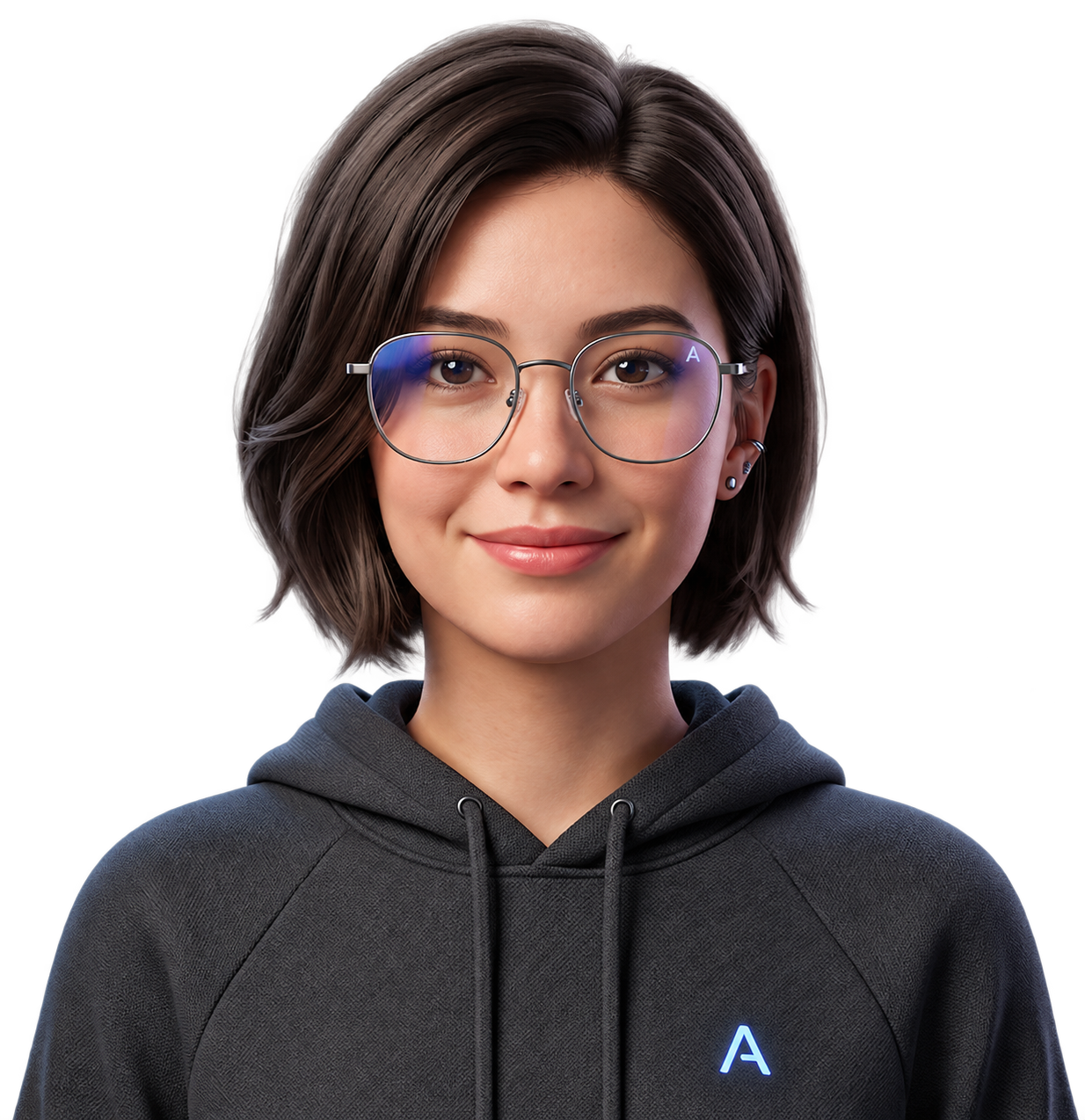 Meet Amy: your AI architect, with glasses, a dark hoodie and a friendly smile.