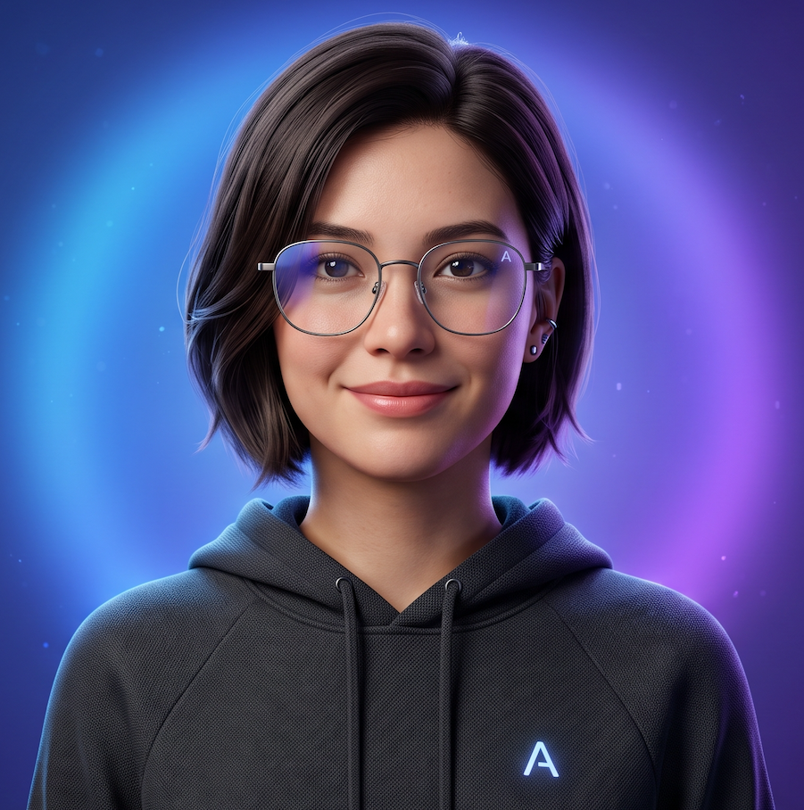 Meet Amy: your AI architect, with glasses, a dark hoodie and a friendly smile.