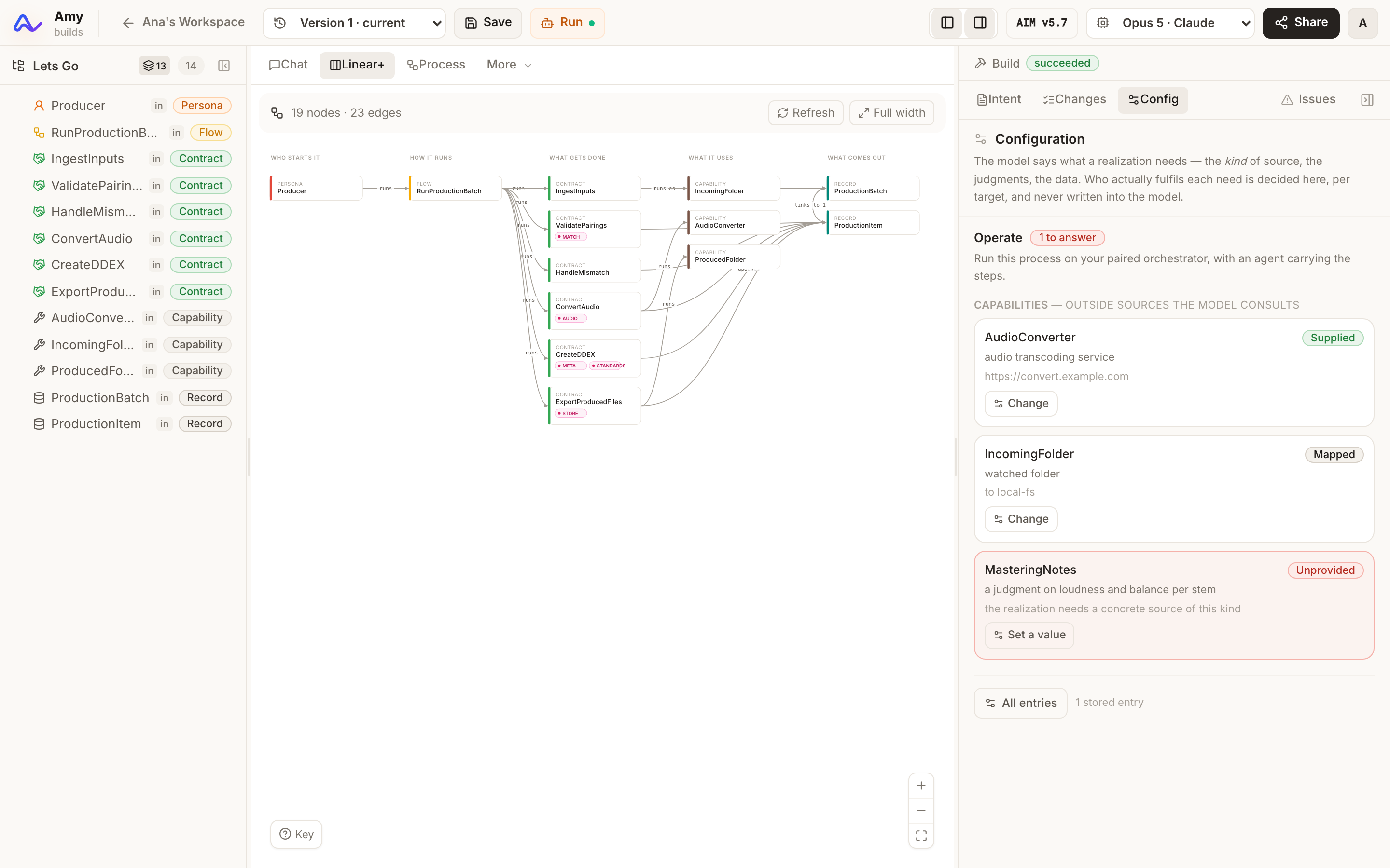 The Config tab beside Linear+: each capability the model consults, who fulfils it for this target, and the one still unanswered.